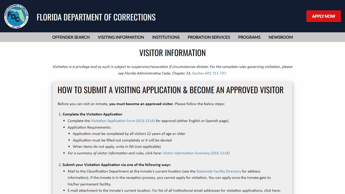 Visitor Information & FAQ - Florida Department of Corrections